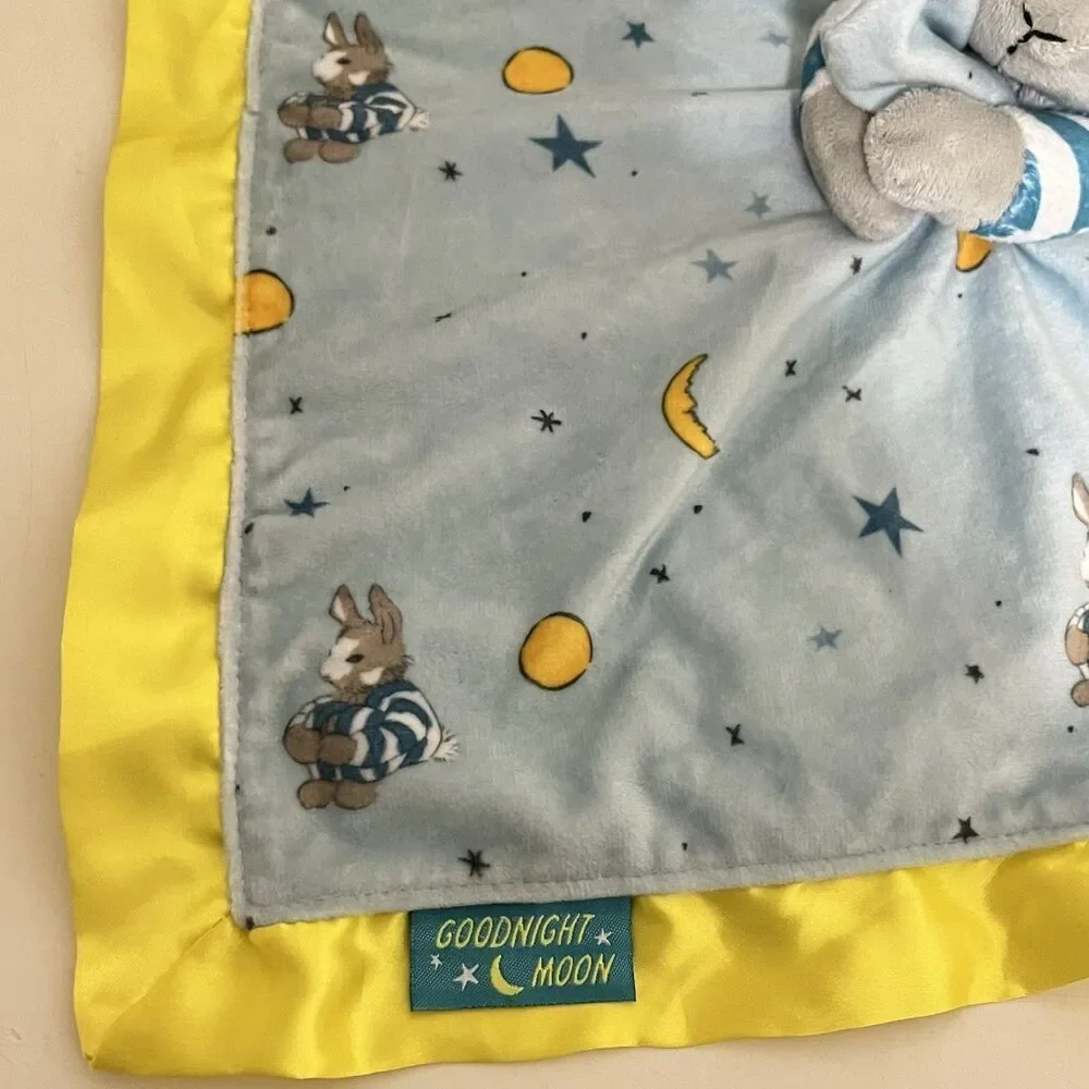 Goodnight Moon Bunny Security Blanket Lovey Lovie Blankie Blue Satin Trim